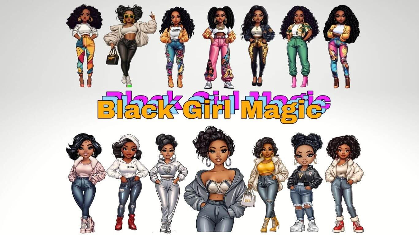 Illustrated collection of fourteen stylized Black women characters in fashionable urban outfits. The top row shows seven women with curly and voluminous hairstyles wearing crop tops paired with colorful pants. The bottom row features seven women in trendy