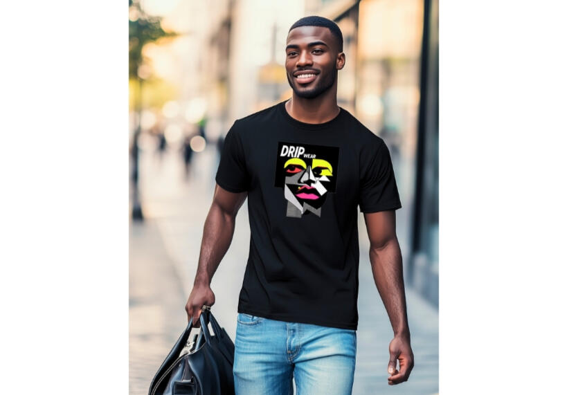 DRIP WEAR" Modern Street Art Digital Print - Urban Fashion Wall Art A smiling person wearing a black "DRIP WEAR" t-shirt with colorful geometric face design, walking on a city street while carrying a black bag. The t-shirt features the same bold graphic artwork with neon yellow, pink, and white geometric patterns on a blac